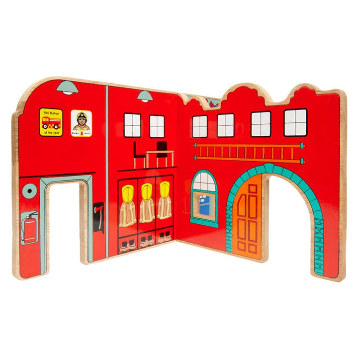inside view of wooden play scene with fire station. age 3+