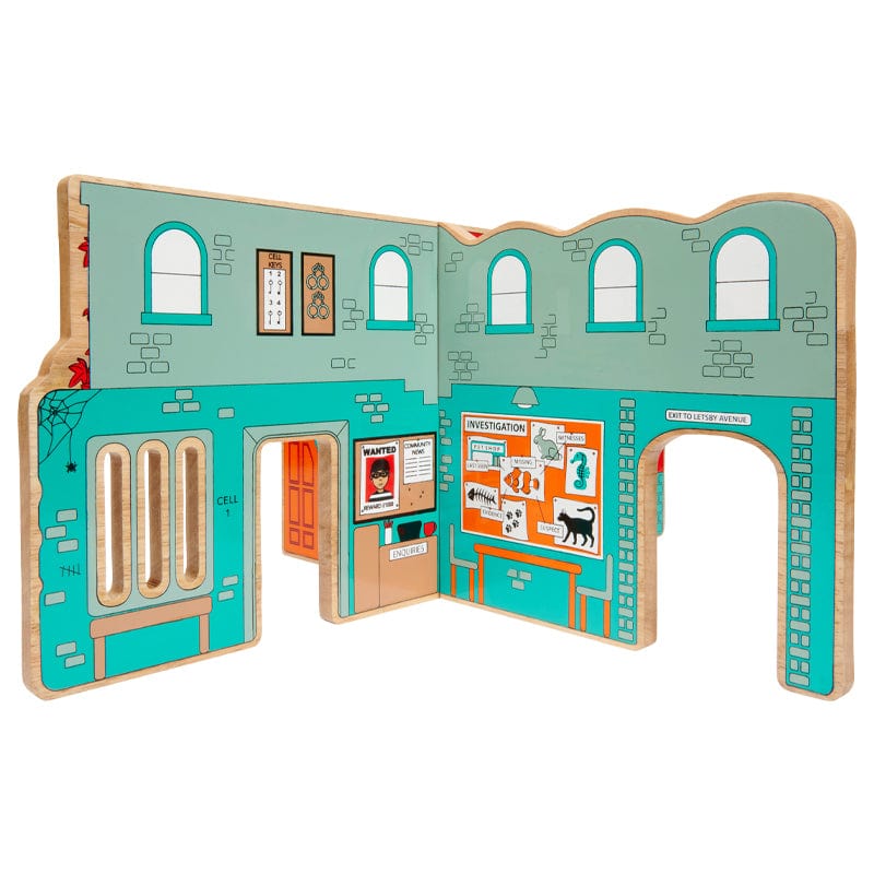 inside view of wooden police station play scene. For children age 3+