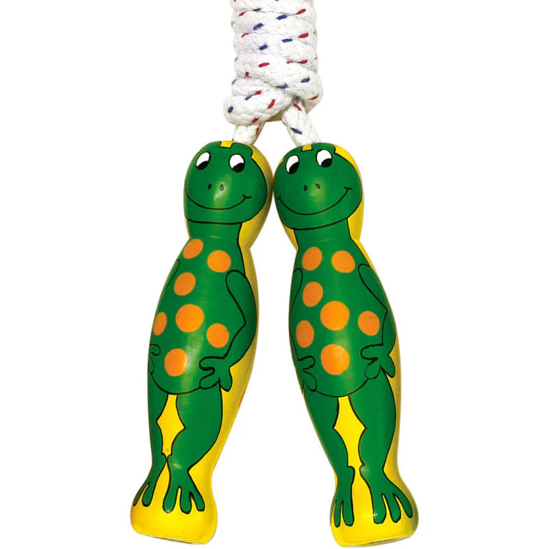 Two green frog-shaped jump ropes with orange spots on a white background