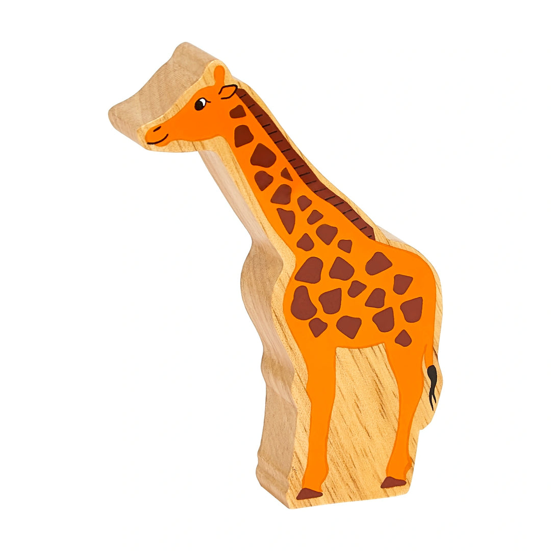 Wooden giraffe play figure with painted details and a wood grain edge. The toy is on a white background