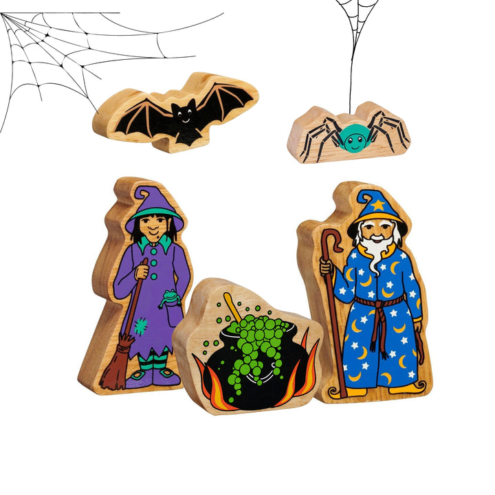 Lanka Kade Halloween Spooky Crew Bundle of wooden play figures including a witch, wizard, cauldron, bat and spider all made from sustainable rubber wood. Suitable for children from 10 months old. 