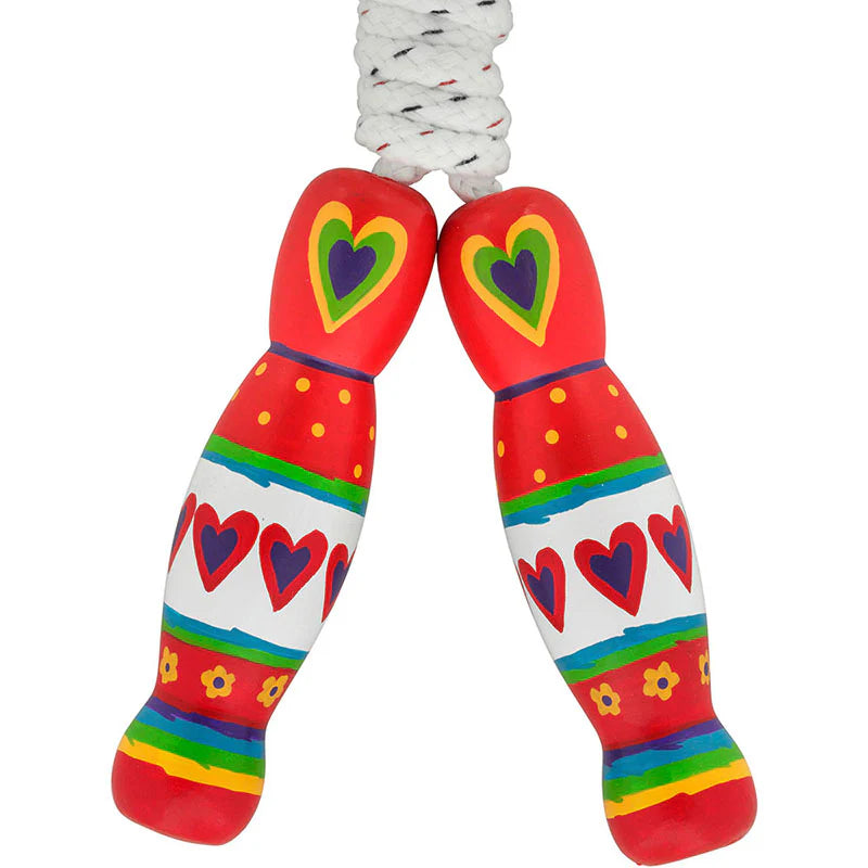 Colorful jump rope with heart and rainbow designs on a white background