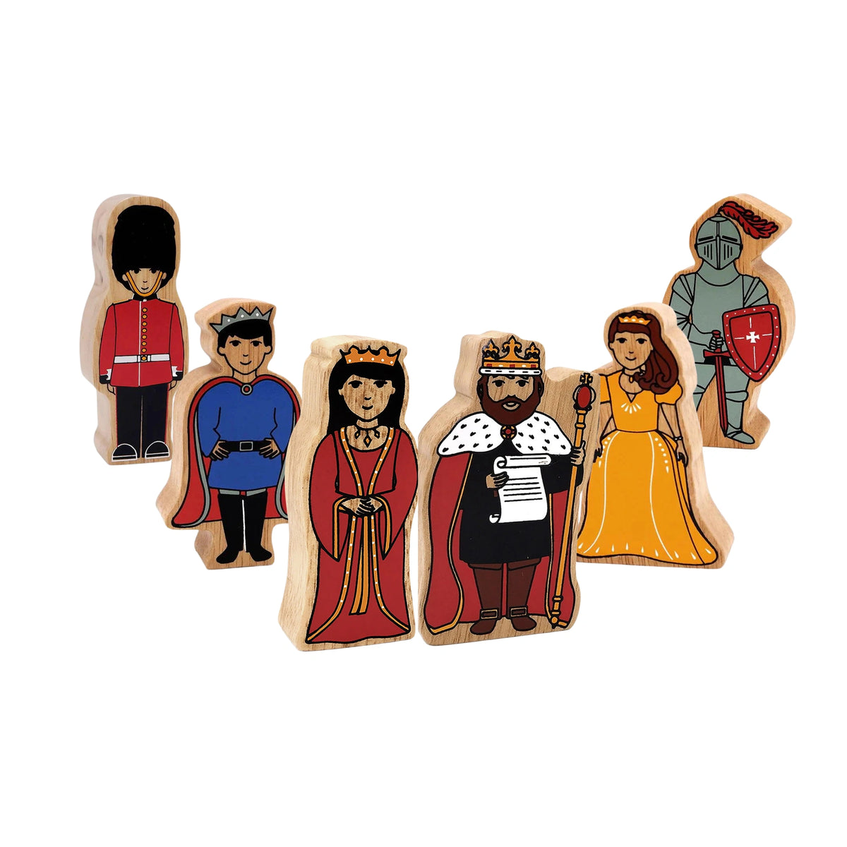 lanka kade knights and royals playset including king, queen, princess, prince, knight and royal guard play figures. Made from sustainable rubber wood for children age 10 months and over.