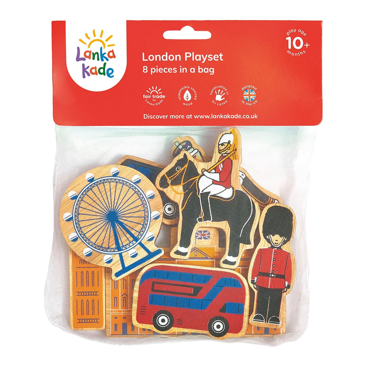Lanka Kade London Playset packaging with toy figures of a guardsman on horseback, red London bus, the London eye wheel.