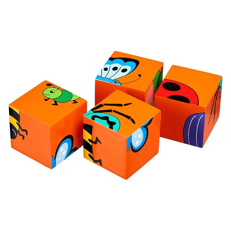 four wooden blocks painted bright orange with minibeast designs. Suitable for kids age 10 months and over 