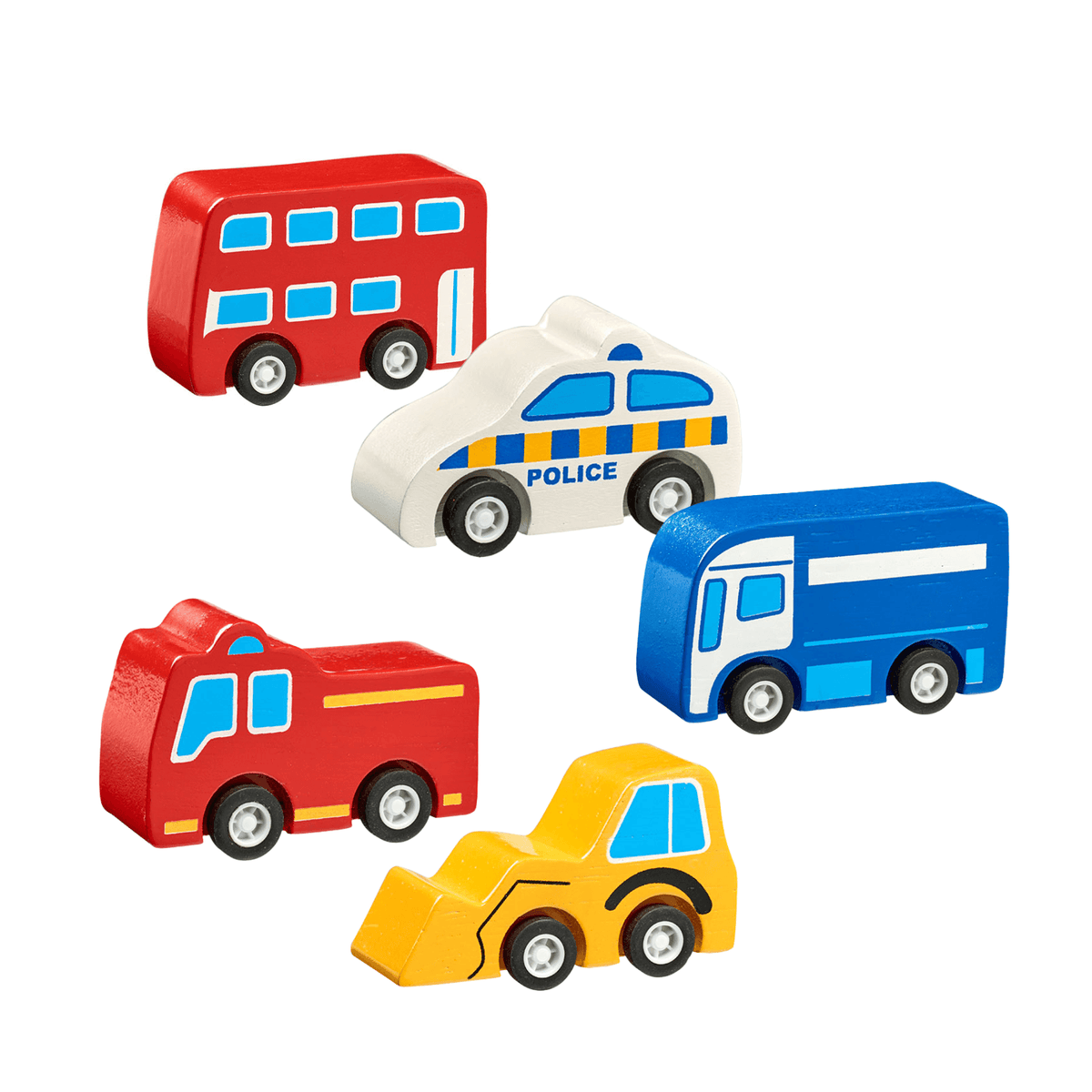 five wooden mini vehicles for kids including red London bus, white police car, blue lorry, red fire engine and a yellow digger. The vehicles are painted and have rubber wheels. Age 3+