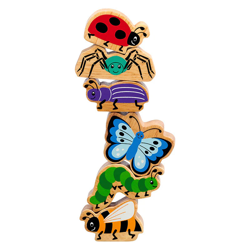 lanka kade wooden minibeast play figures stacked into a tower. For children age 10 months and over.