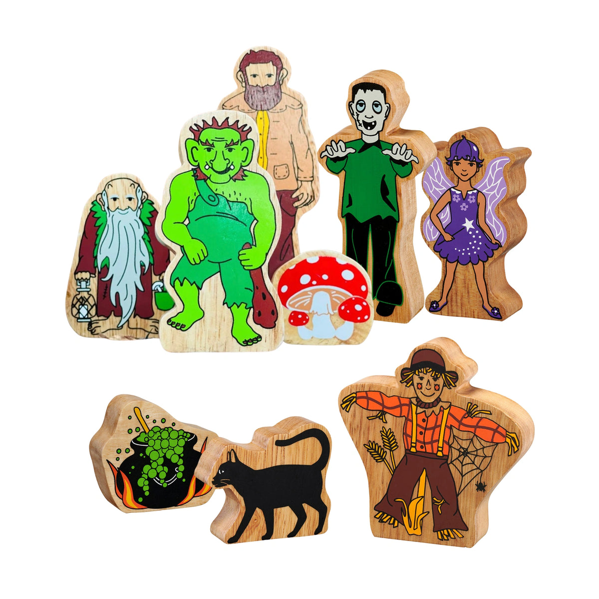 mythical themed wooden play figures made by lanka Kade. Includes hermit, troll, giant, monster, toadstool, fairy, cauldron, black cat and scarecrow. Suitable from age 10 months and over 