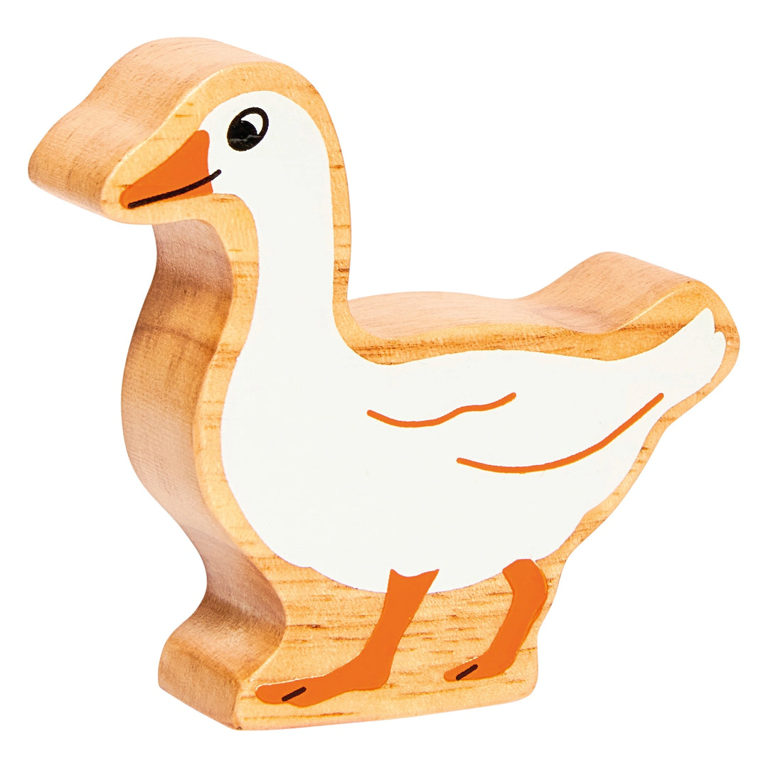 lanka kade wooden goose play figure with painted details and a natural wood grain edge