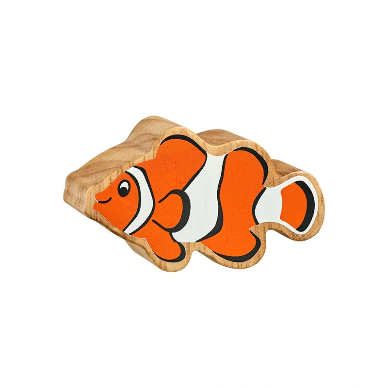 Lanka Kade Wooden  Orange Clownfish play figure with painted details and a natural wood grain edge. Age 10 months+