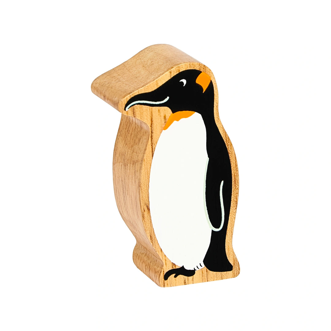 Wooden penguin toy play figure with painted details and a natural wood grain edge, with a white background