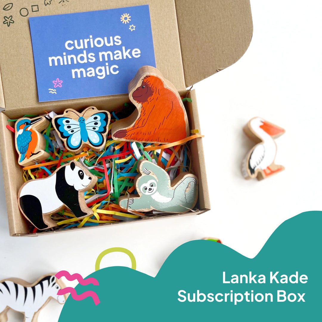 example of Lanka Kade wooden play figures subscription box with a selection of wooden animals - orangutan, sloth, butterfly, kingfisher and panda.