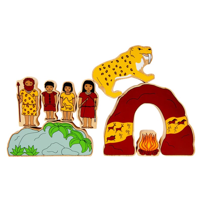 set of wooden prehistoric play figures including caveman, boy, girl, cave woman, sabre tooth tiger, cave, fire and rocks. For kids age 10 months and over 