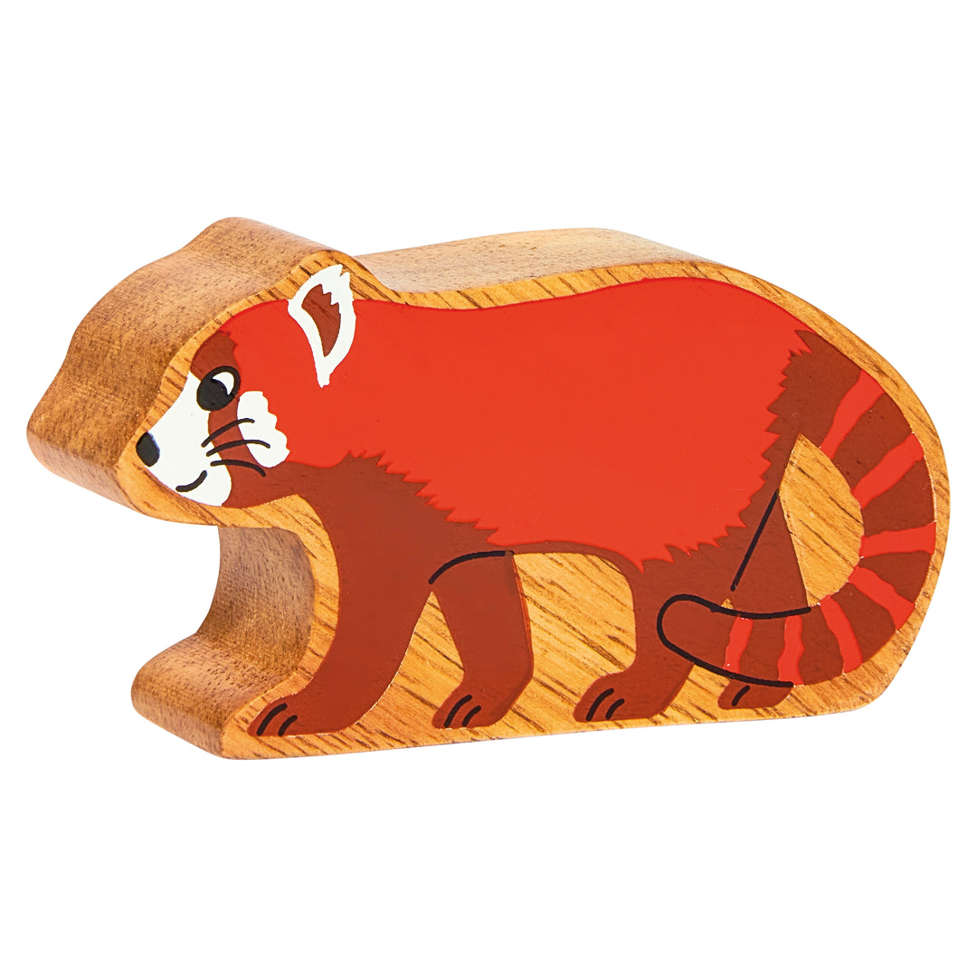 wooden red panda play figure with natural wood grain edge. for kids age 10 months+