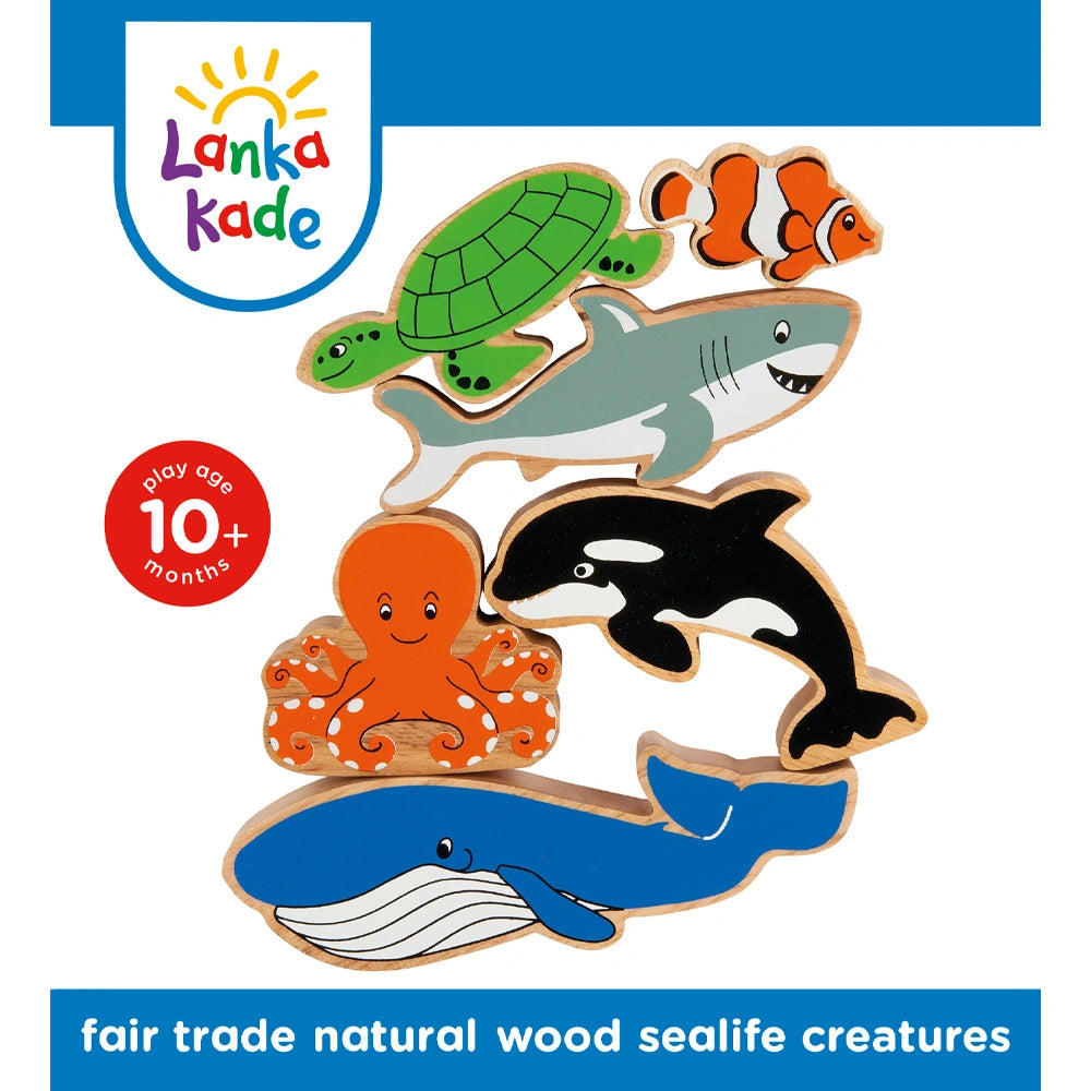 wooden sea creatures play figures for children in a printed gift box. Includes turtle, clown fish, shark, orca, octopus and blue whale. For age 10 months and over 