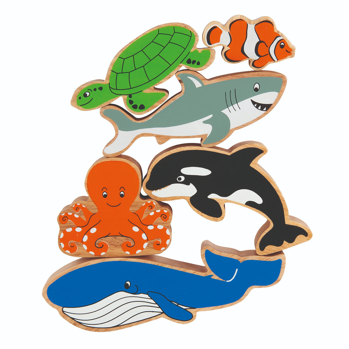 wooden sea creatures play figures stacked up. Includes turtle, clown fish, shark, orca, octopus and blue whale. For age 10 months and over 