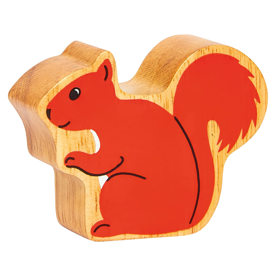 Wooden toy squirrel with red body and natural wood grain edge on a white background