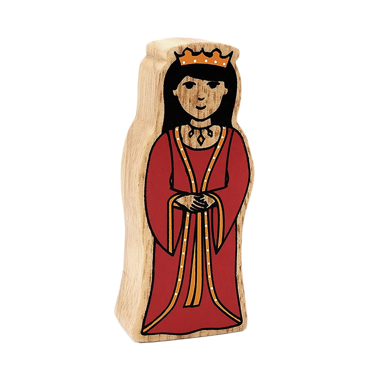 wooden queen play figure for small world play. It has painted details and a natural wood grain edge. 10 months+