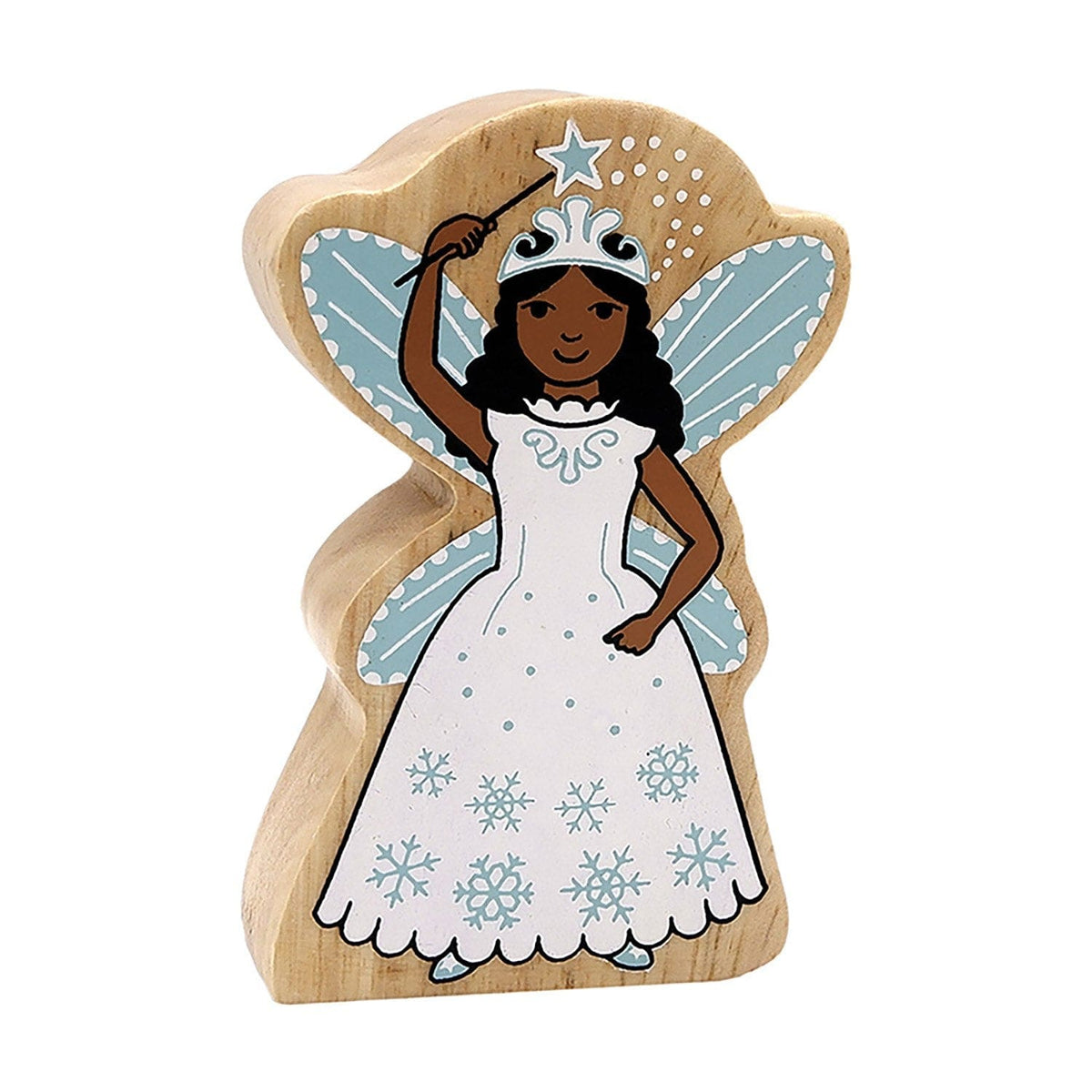A handcrafted wooden Snow Fairy toy with a snow white gown, fairy wings, and a silver tiara and wand, printed on both sides with a natural wood grain edge.