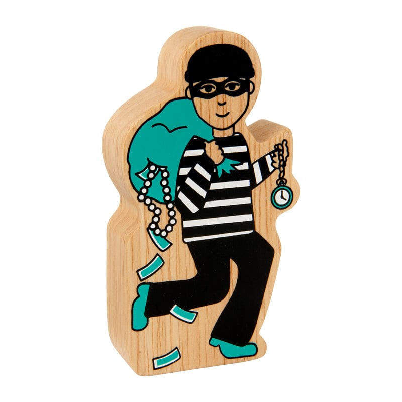 Wooden play figure of a burglar, painted in black and white with colorful accents, holding a bag and a watch.