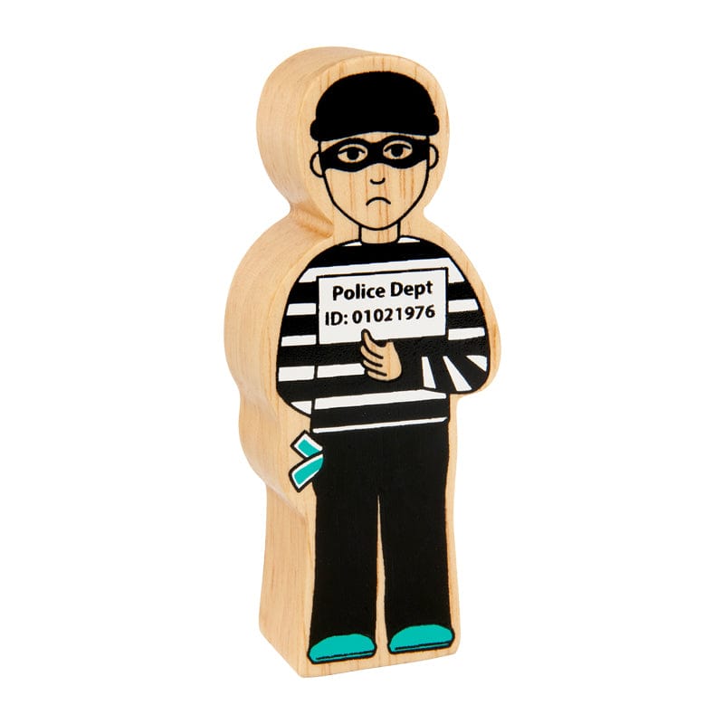 A wooden toy figure of a burglar with a striped black and white outfit, a mask, and a sign that reads 'POLICE DEPT ID'.