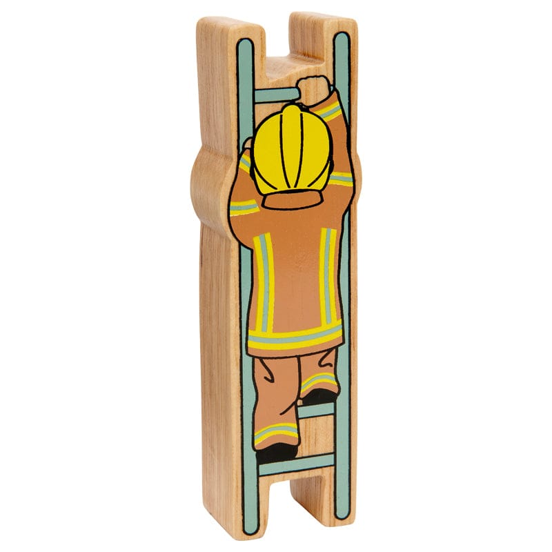 back view of a wooden fire fighter on a ladder play figure with painted details and a wood grain edge. 10 months+