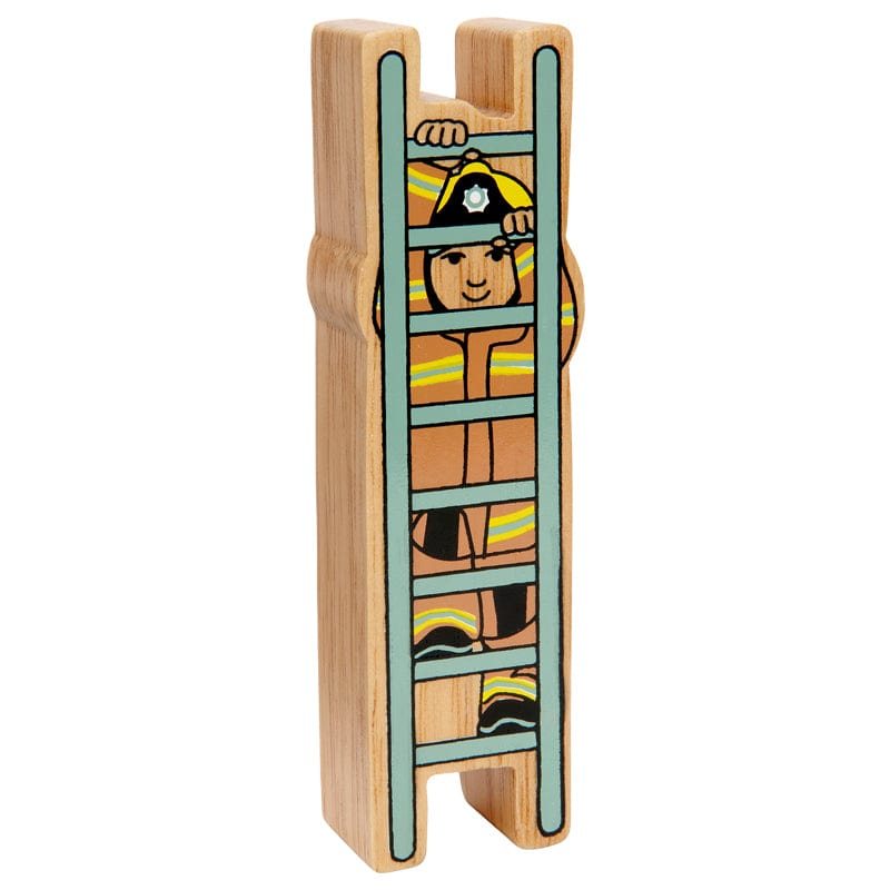 wooden fire fighter on a ladder play figure with painted details and a wood grain edge. 10 months+