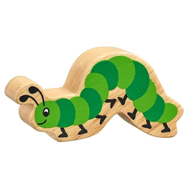 Handcrafted wooden green caterpillar play figure with natural wood grain detailing.