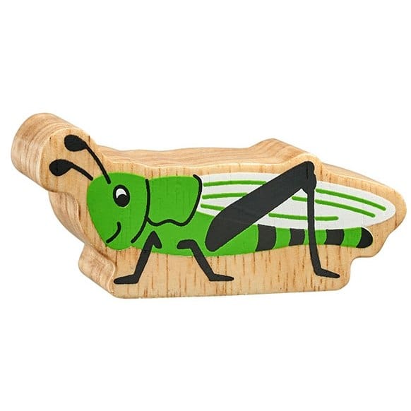 wooden grasshopper play figure with green painted details and a natural wood grain edge 