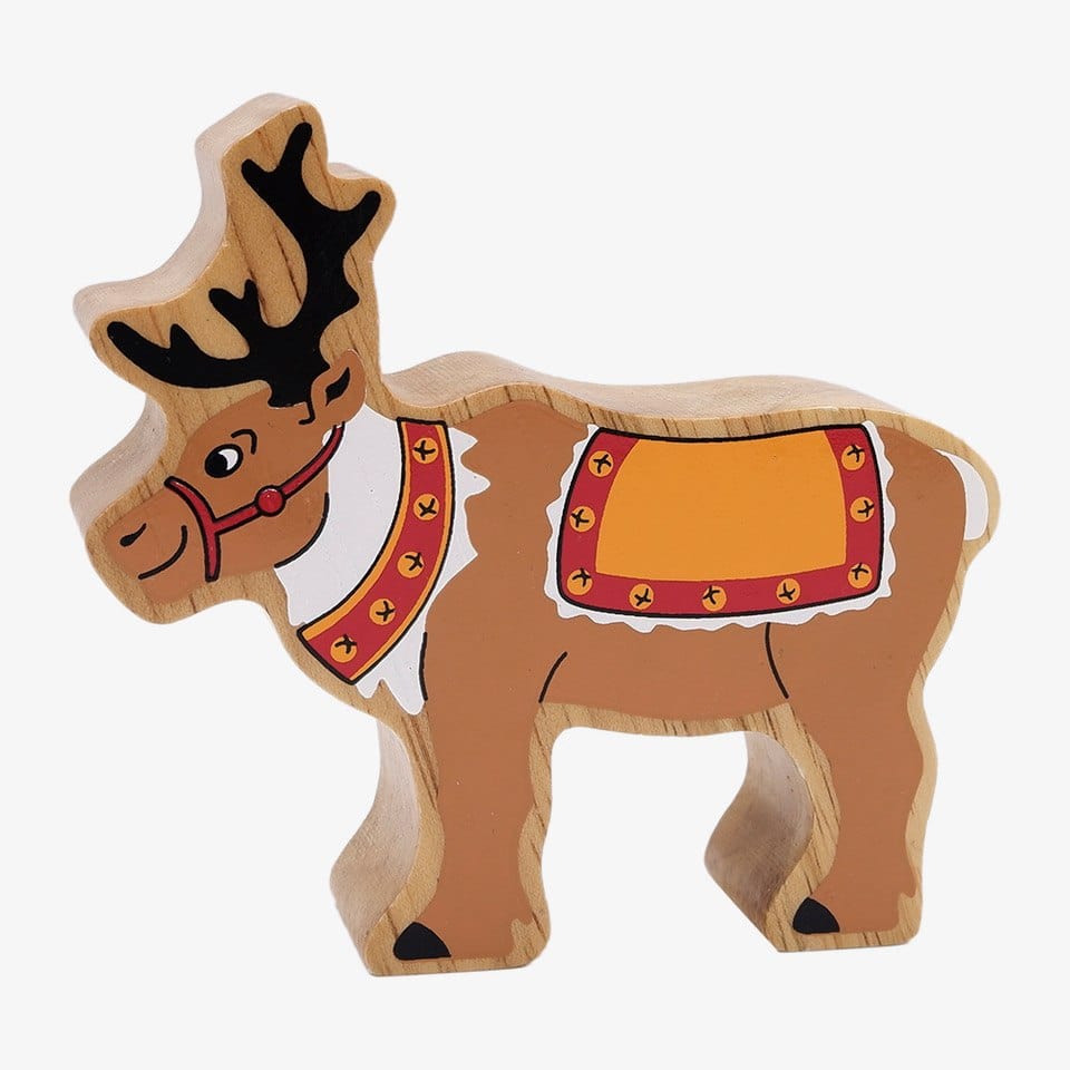 A wooden reindeer toy with red and yellow accents and reins.