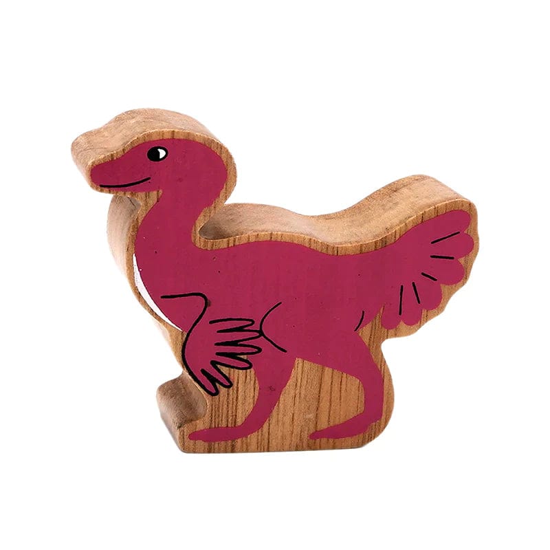 A wooden pink caudipteryx dinosaur figure with black detailing and a natural wood-grain edge.