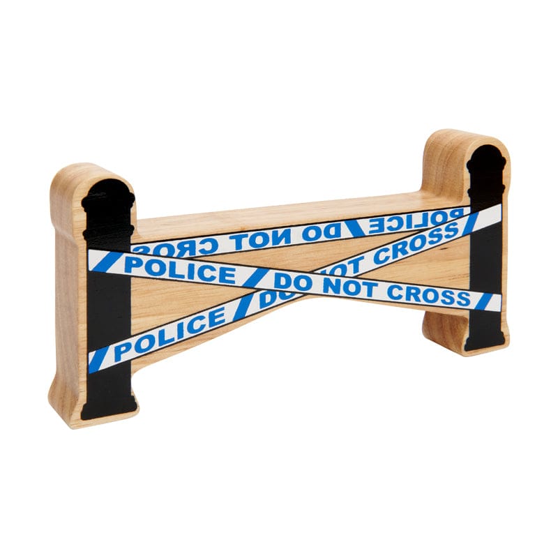 A wooden toy barrier with 'POLICE' and 'DO NOT CROSS' text, designed for children's play.