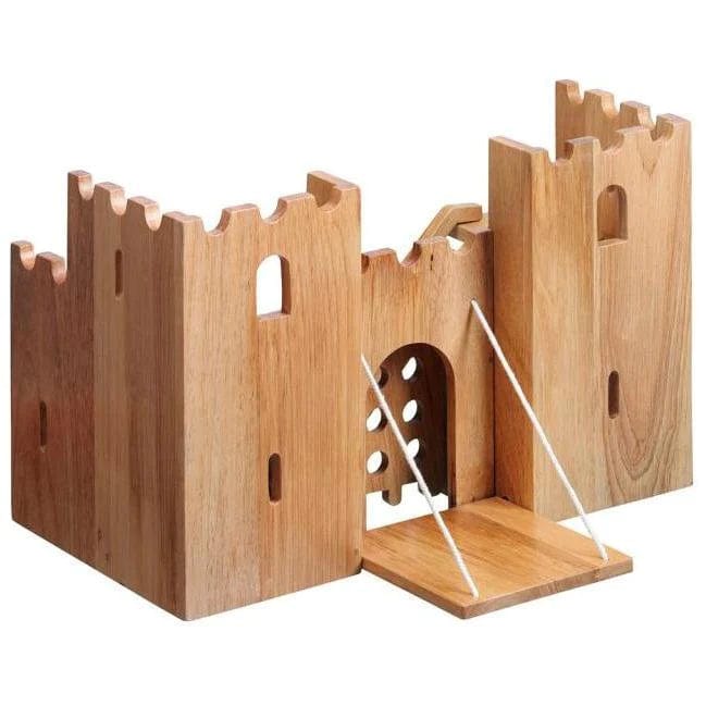 A wooden castle play scene with a drawbridge, towers, and a small wooden figure on a track.