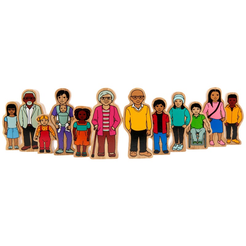 A set of wooden play figures representing a diverse community, including characters of different ages, abilities, and ethnicities.