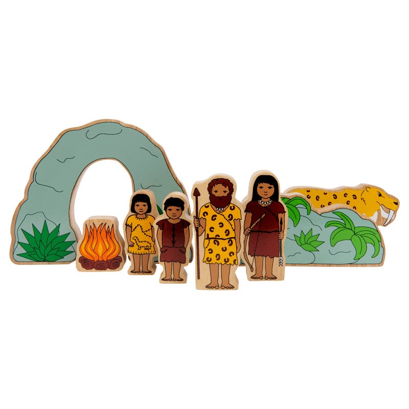 wooden prehistoric play figures including caveman, boy, girl, cave woman, sabre tooth tiger, cave, fire and rocks. For kids age 10 months and over 