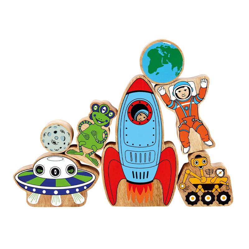 set of 7 space themed wooden play figures stacked up - rocket, UFO, moon, alien, earth, astronaut and space rover. Painted wooden play figures for age 10 months and over 