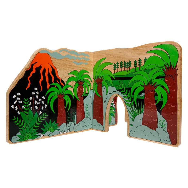 Wooden toy playset featuring a volcanic landscape with jungle trees and a rocky waterfall.