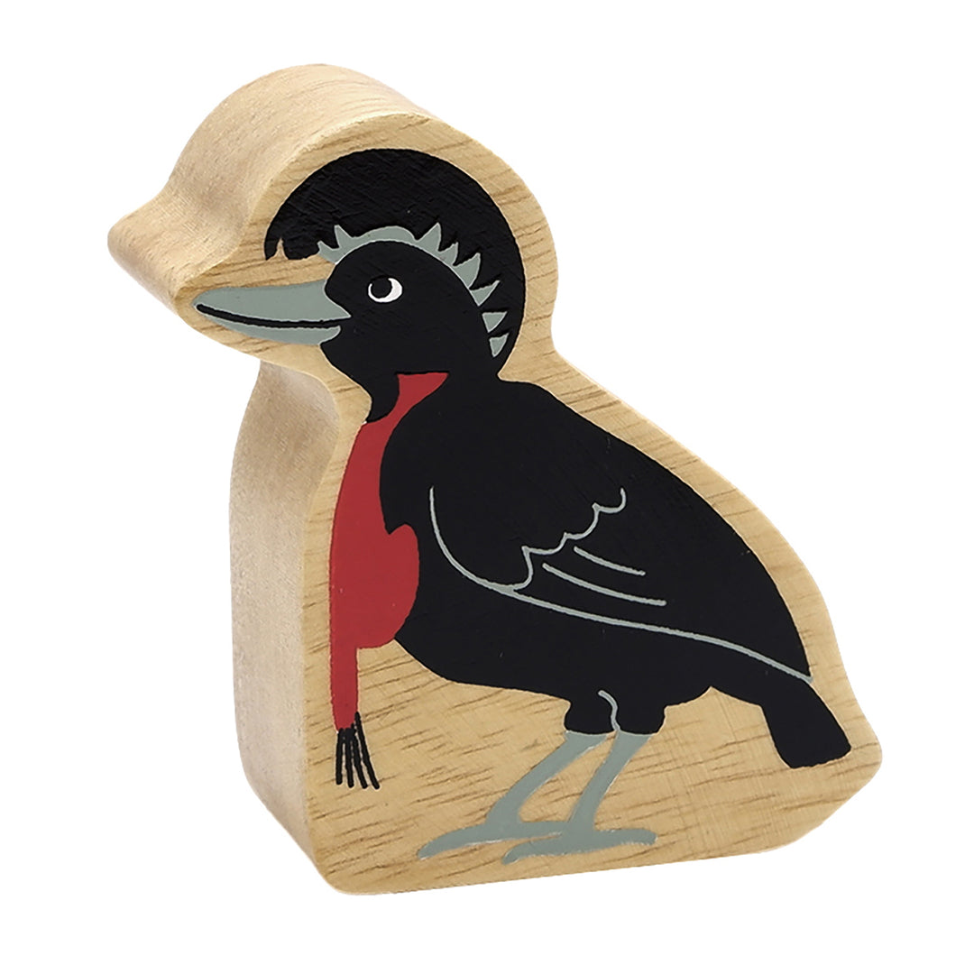 wooden umbrella bird figure by lanka kade. It has a natural wood grain edge and painted details. For children aged 10+ months