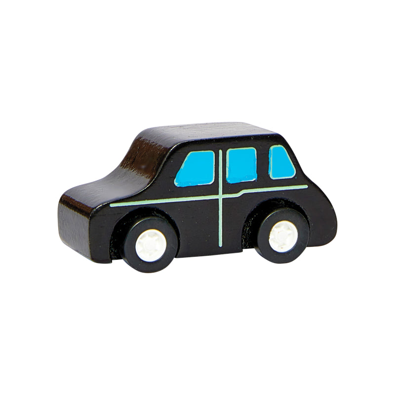 Wooden mini taxi toy car with black body and blue windows on a white background