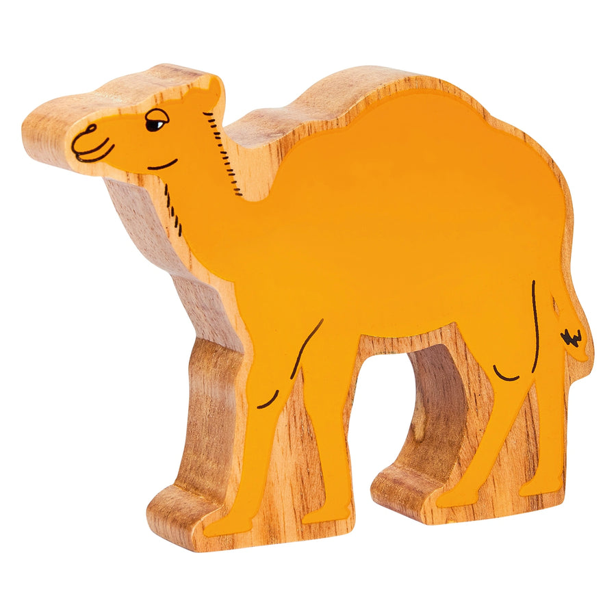 Wooden toy camel with orange body and a natural wood grain edge on a white background
