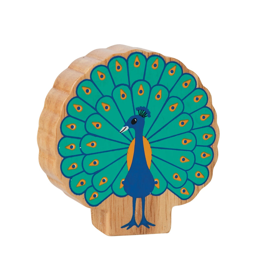 Wooden peacock play figure with painted details and a natural wood grain edge. Suitable from 10 months. 