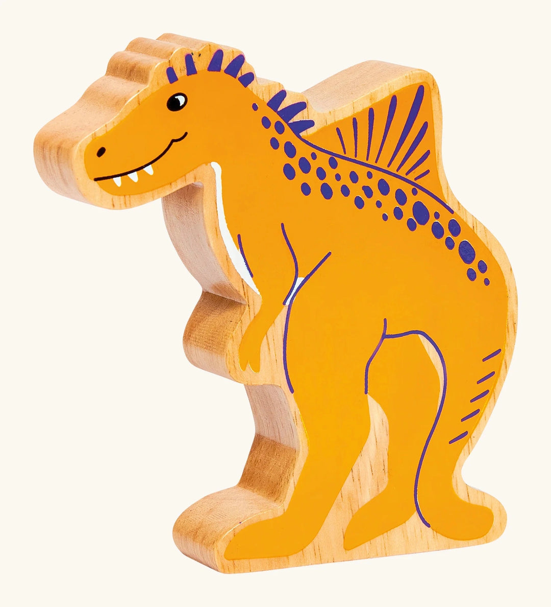 wooden becklespinax dinosaur play figure with yellow painted details and a natural wood grain edge 