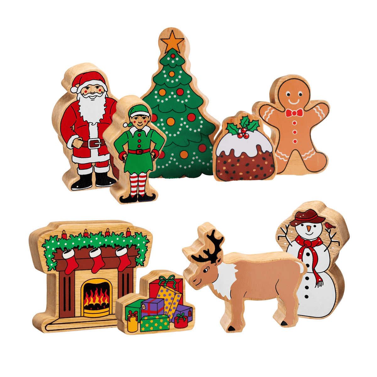 A set of nine wooden Christmas-themed playset figures including Santa, an elf, a Christmas tree, a gingerbread man, a reindeer, a snowman, and a fireplace.