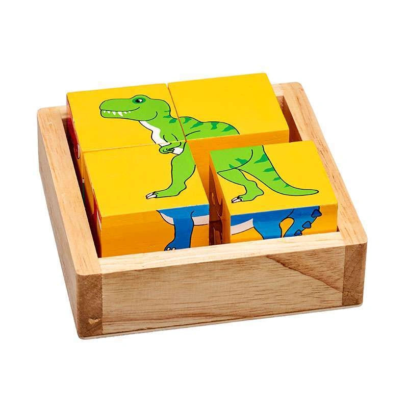 childreans wooden block puzzle with wooden tray and four bright yellow blocks with painted dinosaur designs. For children age 10 months and over