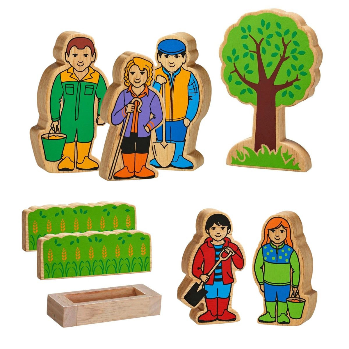 lanak kade farmer playset including wooden farmer figures, trees, hedges and a wooden trough