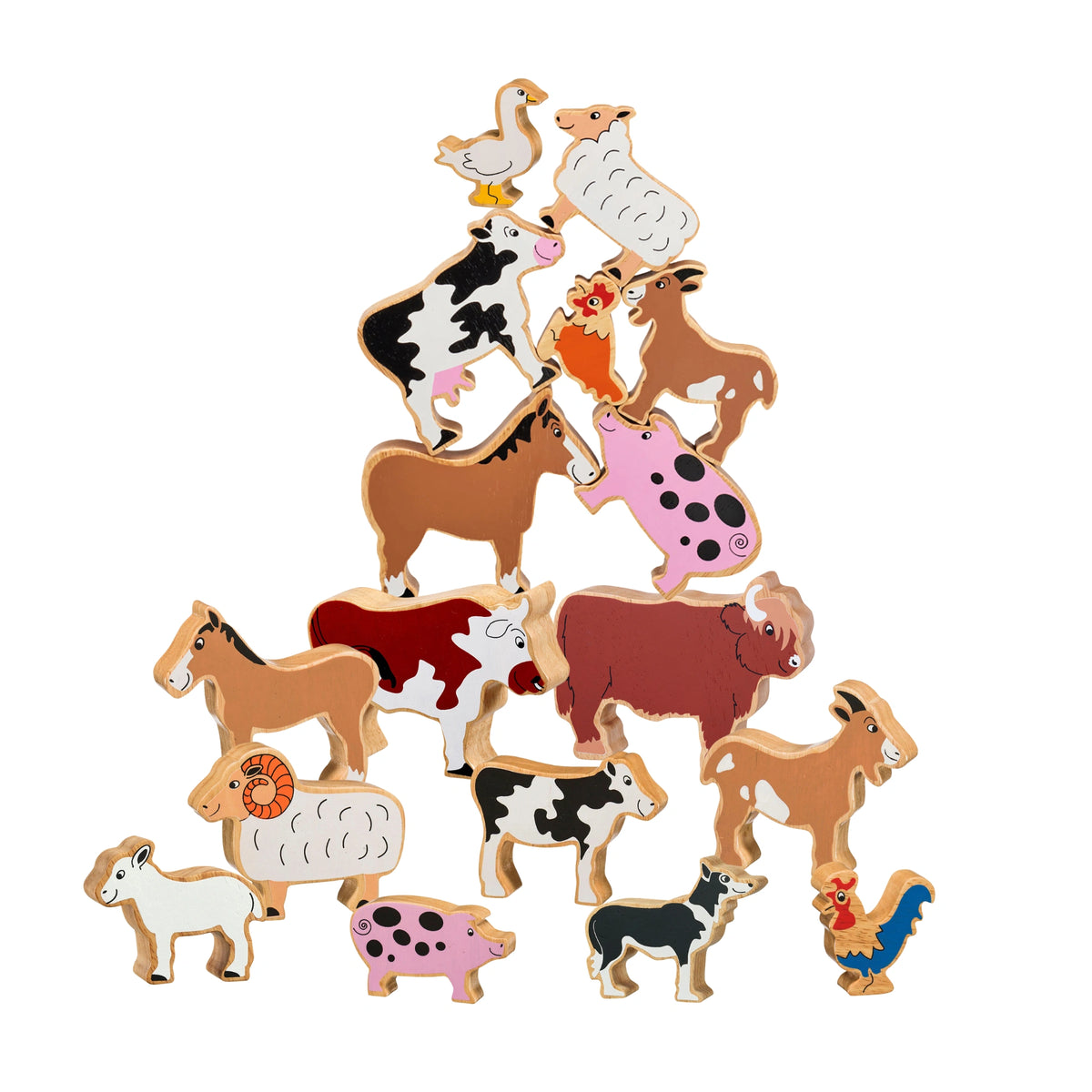 16 wooden farm animal play figures for small world play. Suitable from age 10 months and over 