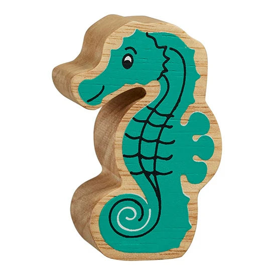 wooden seahorse toy play figure with painted details and wood grain edge. Made by Lanka Kade for children age 10 months and over. 