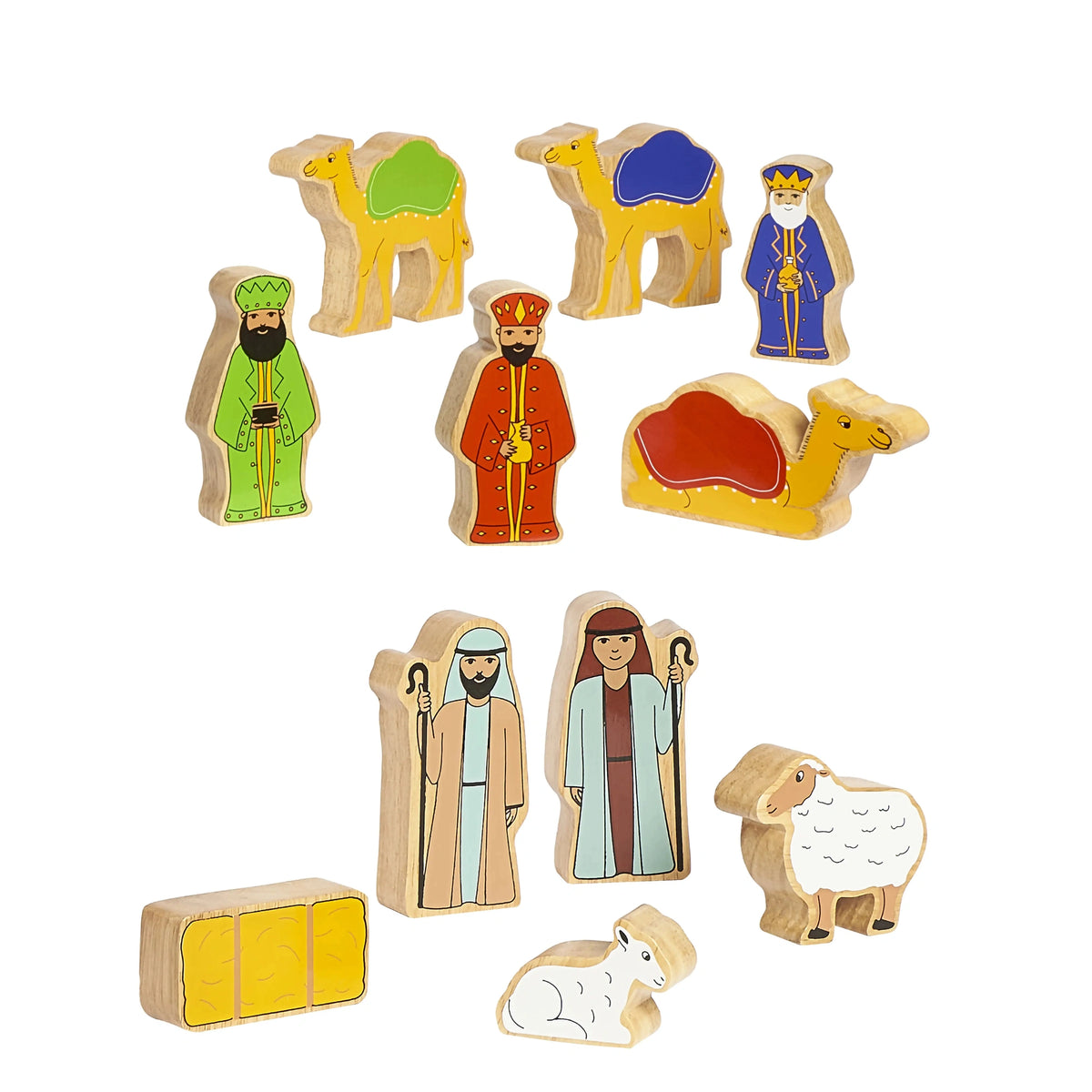 wooden characters from Lanka kade nativity story playset - mary, joseph, wise men, camels, sheep and baby jesus. For children ages 10 months and over. 
