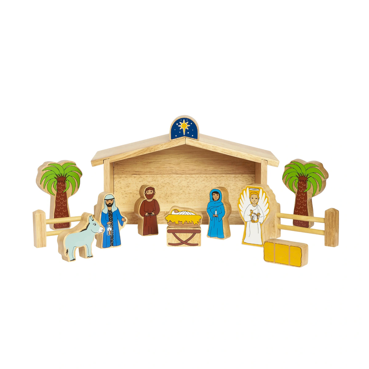 wooden nativity story playset with wooden characters - mary, joseph, wise men, camels and baby jesus. The set has a manger and a wooden stable with a star on top. For children ages 10 months and over. 