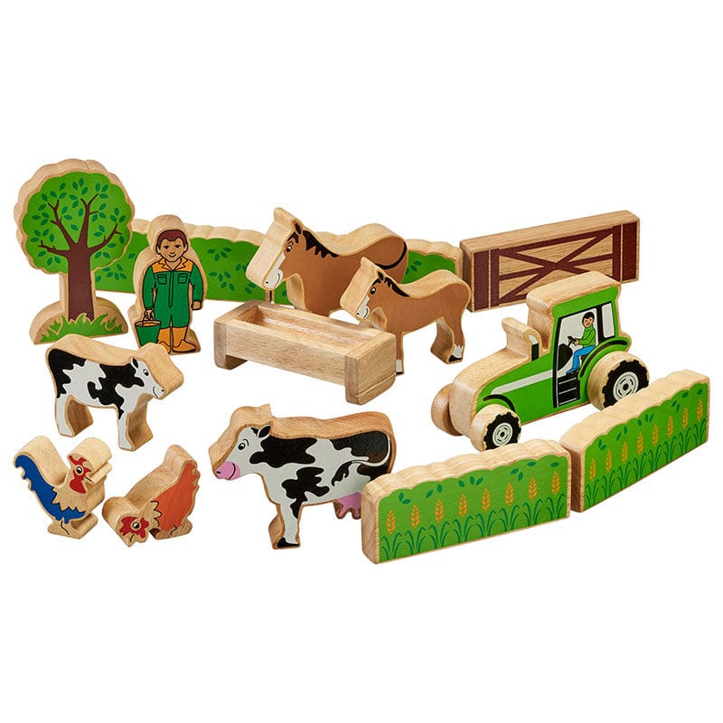 wooden farm play figures including farmer, cow and calf, chickens, hedges, tractor and trees. For children age 10 months and over